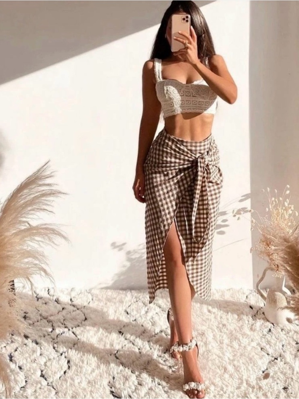 Zara Brown Gingham Midi Wrap Skirt
